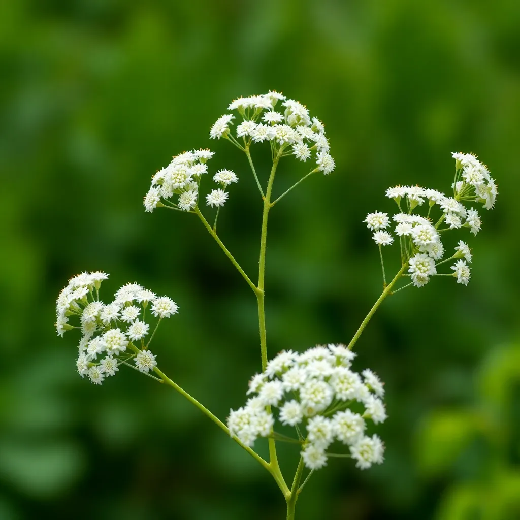 Branches of Arctic angelica plant with umbel flowers against a green background