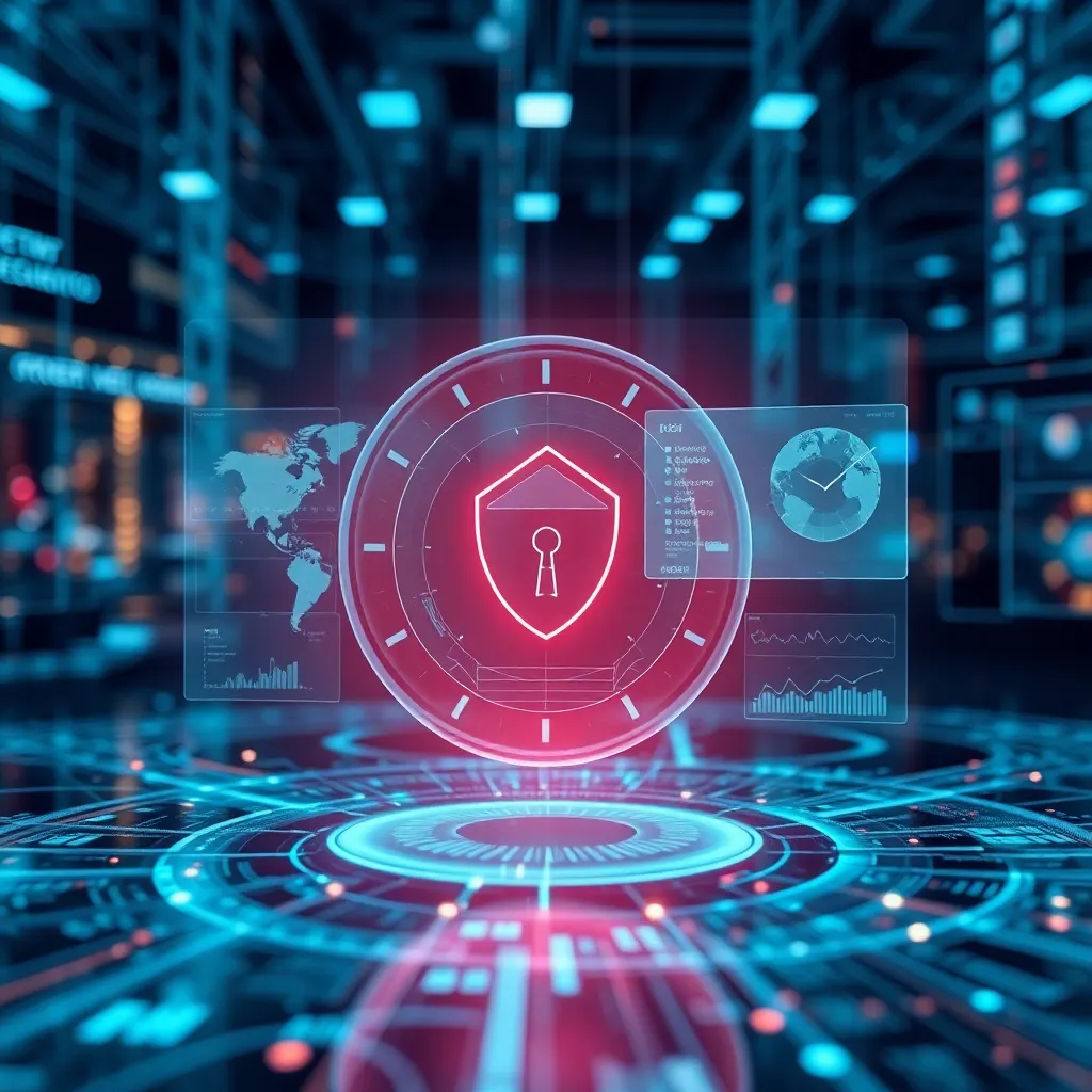 Digital network security visualization with holographic interface displaying cybersecurity metrics and data protection visualizations