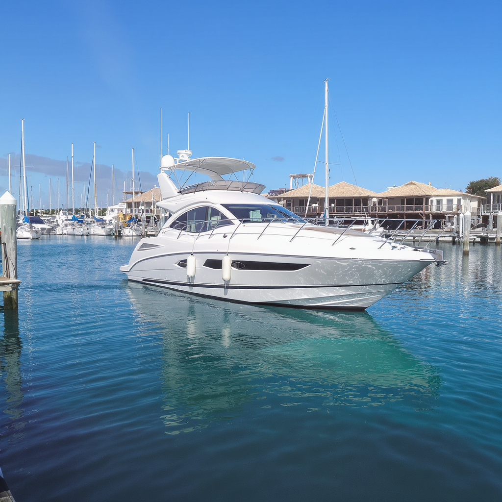 Searay 580 white yacht in calm blue water near marina