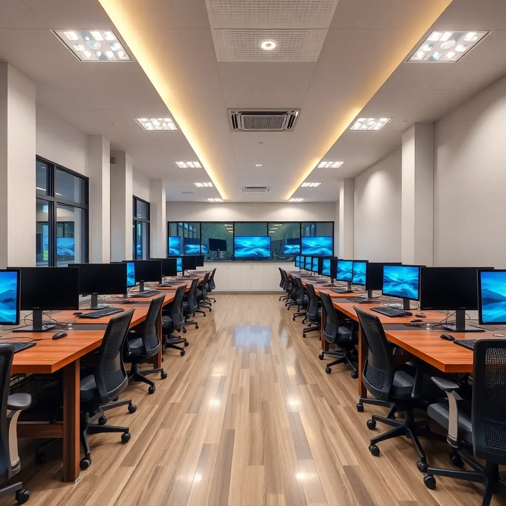 Modern computer lab with latest desktops and comfortable seating for students