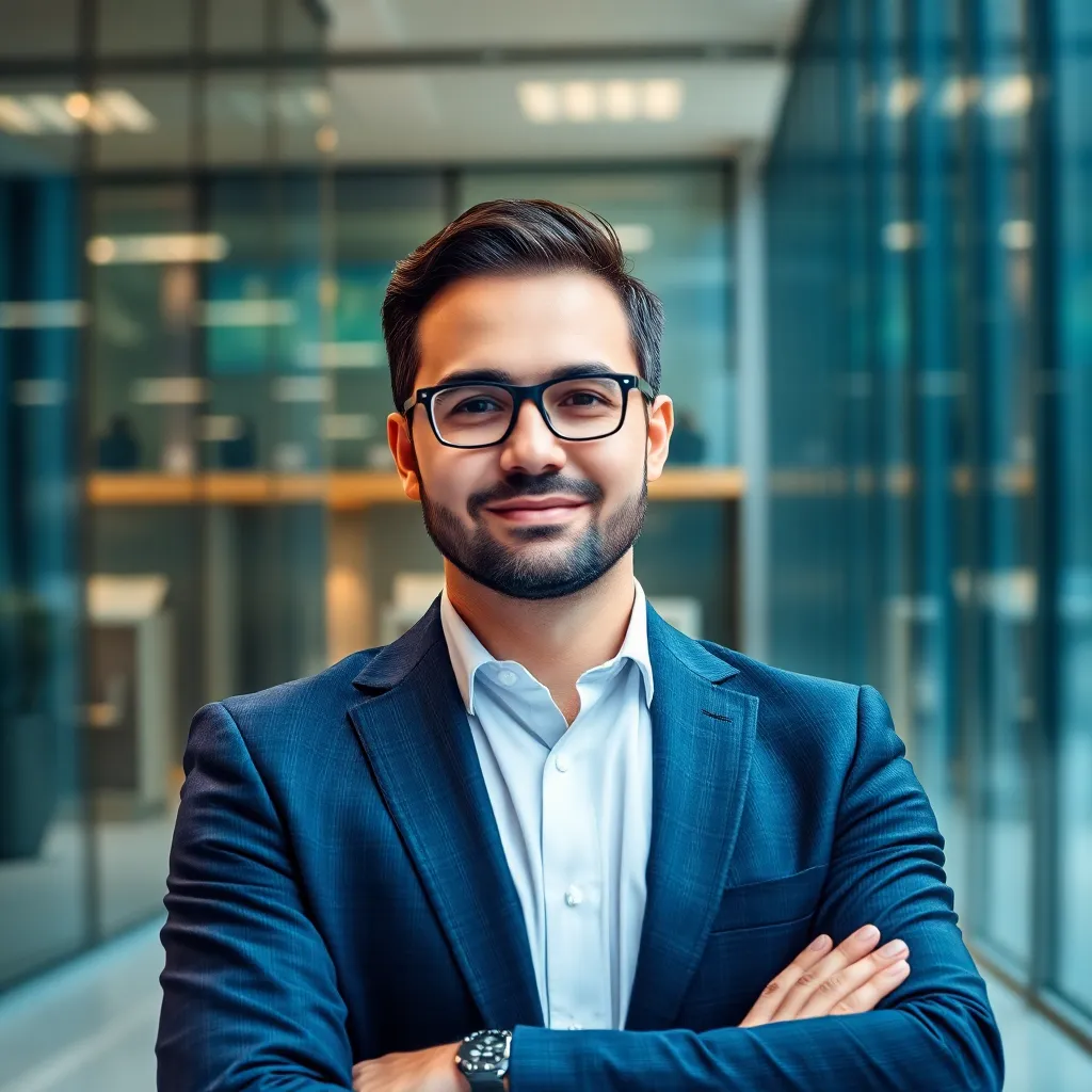 Business executive in modern fintech environment with corporate background