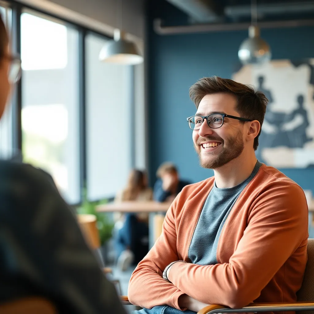 Portrait of startup founder giving positive feedback in a casual interview setting