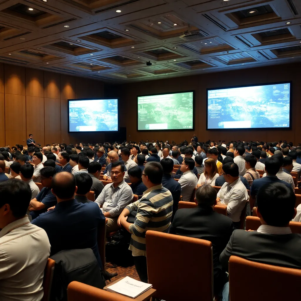 International conference attendees in auditorium with atmospheric science presentations