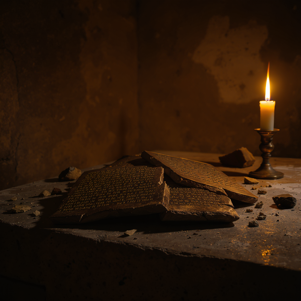 Broken covenant tablets on an altar with a single candle still burning in the background, representing destroyed faith but persistent hope for truth