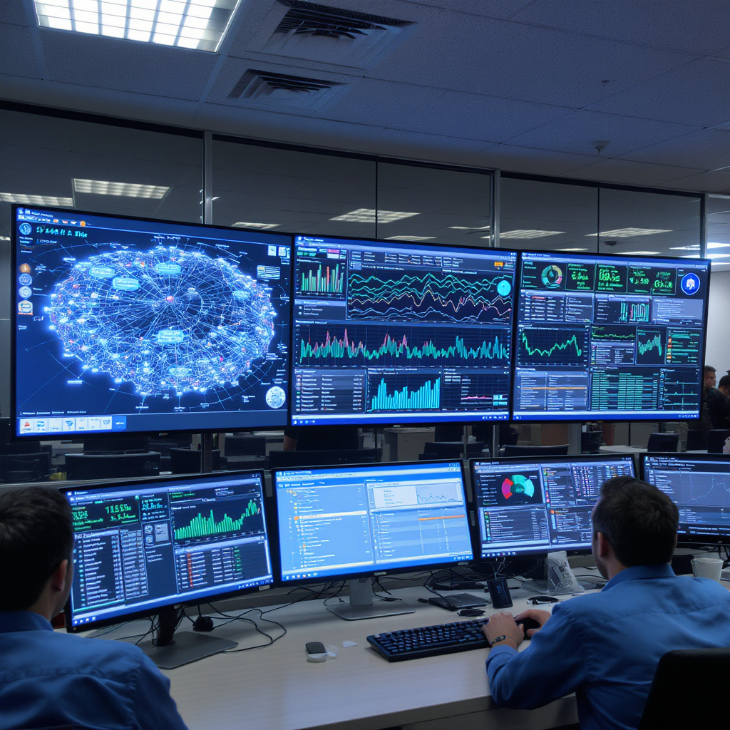 Network operations center with multiple screens displaying network topology, AI-powered traffic analysis, cyber security threat detection, and real-time performance monitoring dashboards