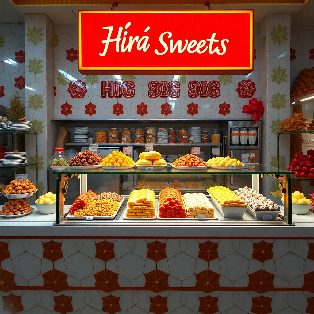 Hira Sweets counter display of Indian sweets
