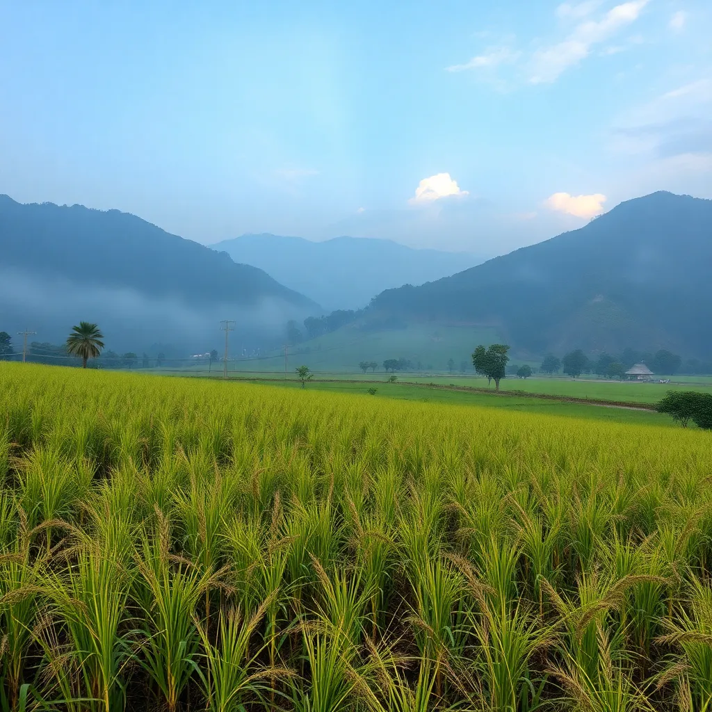 Ladang pertanian yang kering dan gagal panen akibat kekurangan air irigasi dengan petani yang tampak putus asa