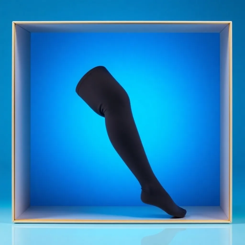 Modern medical compression stockings shown in elegant packaging with blue gradient background, product displayed professionally with light reflection