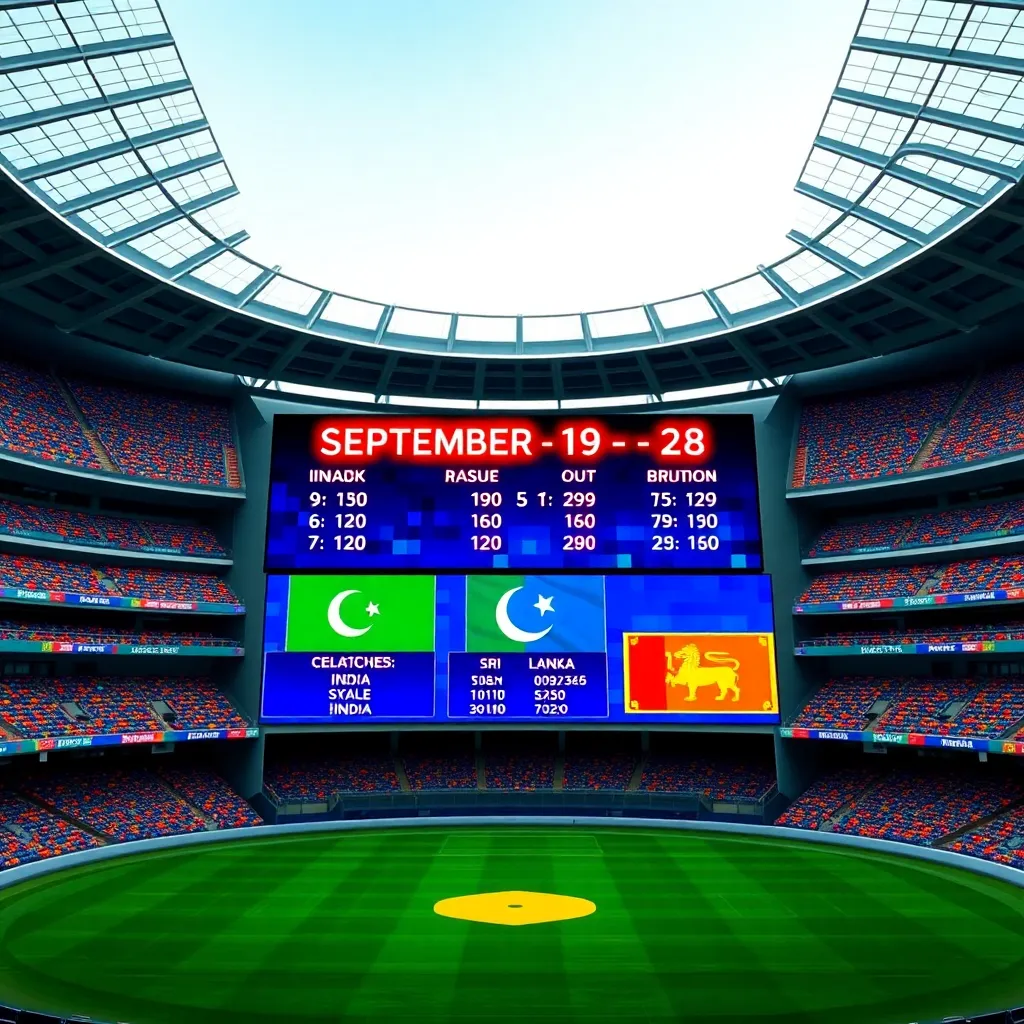 Detailed cricket scoreboard backdrop in sleek Dubai stadium with digital screens displaying match dates from September 9 to 28 in futuristic neon fonts, group stages illustrated with colorful national flags of India in saffron blue green, Pakistan green white moon star, Sri Lanka blue gold, intricate tiled mosaic
