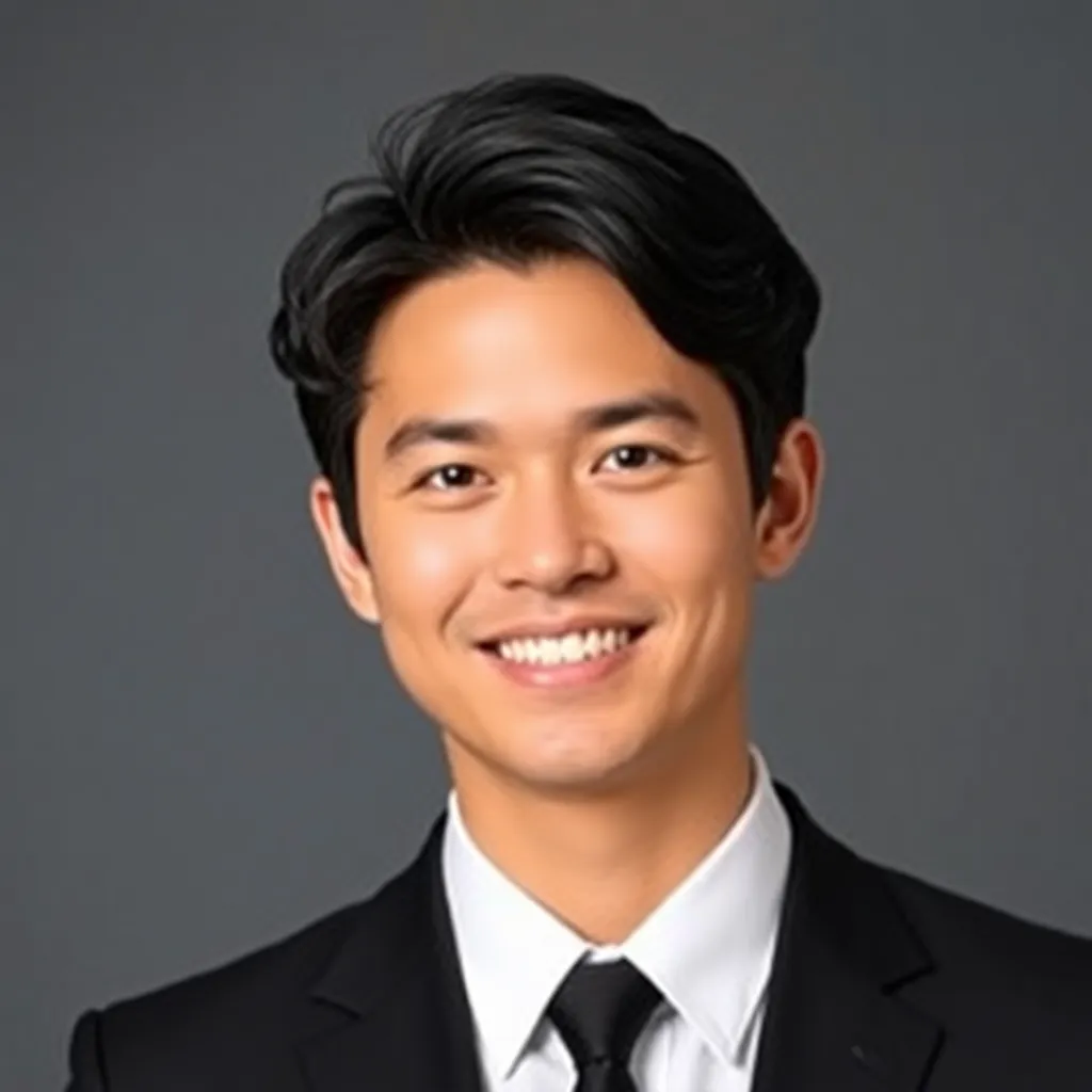 User profile avatar with black suit, friendly smile, dark hair