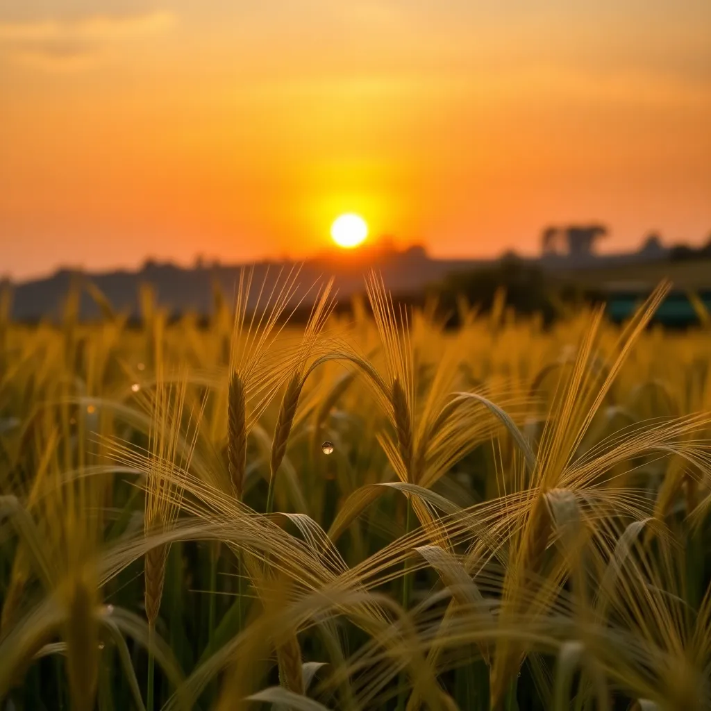 Golden waves of barley fields swaying in the wind against a sunrise backdrop, with dewdrops on the grains representing Rwanda's bountiful crops and the source of innovation for our baked goods