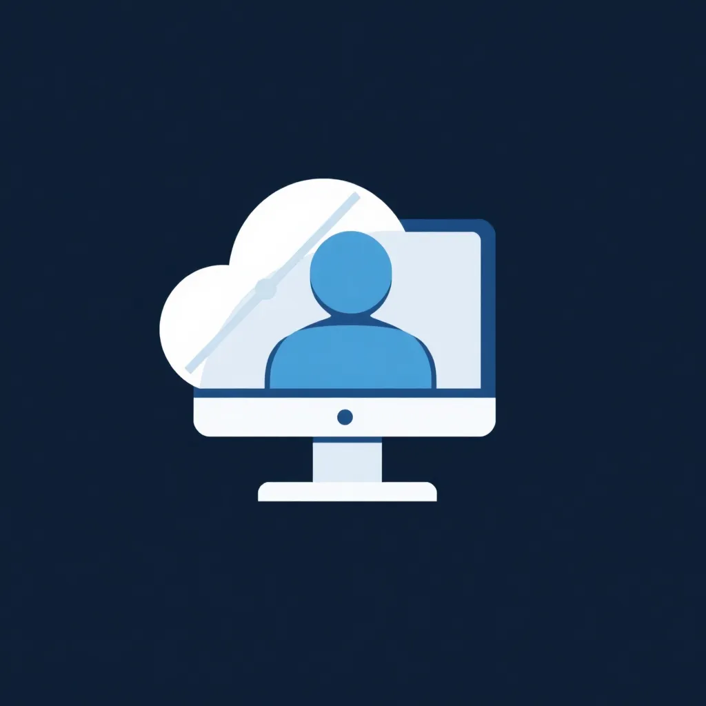 Computer application symbol with developer figure and monitor