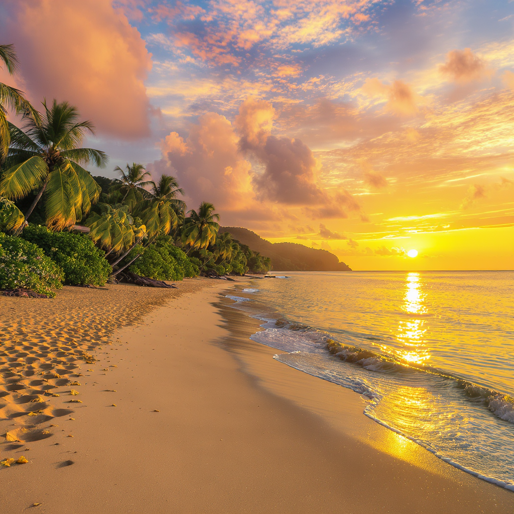 Tropical beach in Thailand with palm trees and golden sand at sunset