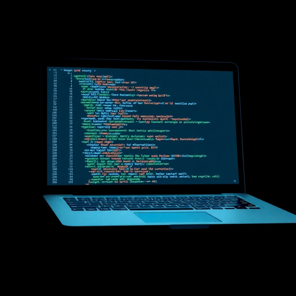 Ilustrasi coding di laptop dengan tampilan editor kode berwarna biru dan putih, menampilkan syntax HTML dan CSS di layar