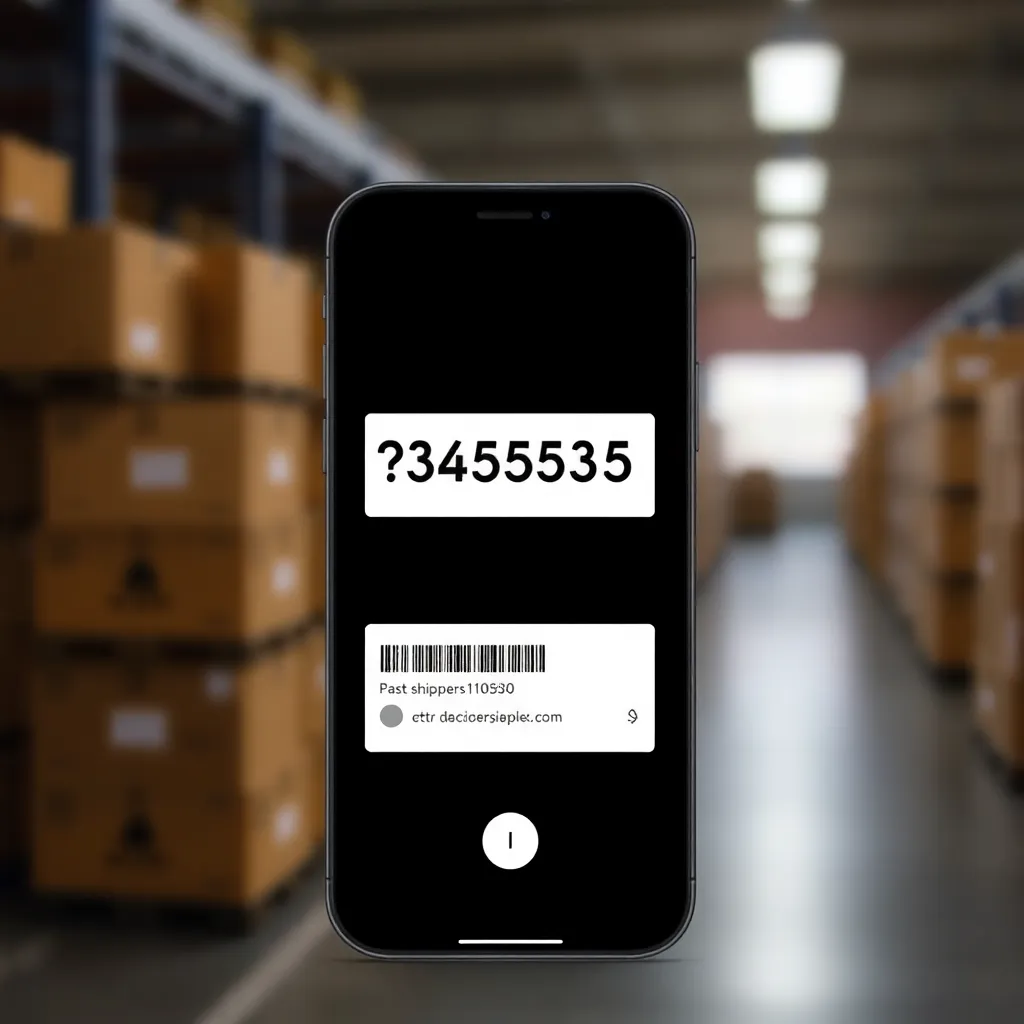 Mobile interface showing tracking number entry with barcode scanner option and past shipments history