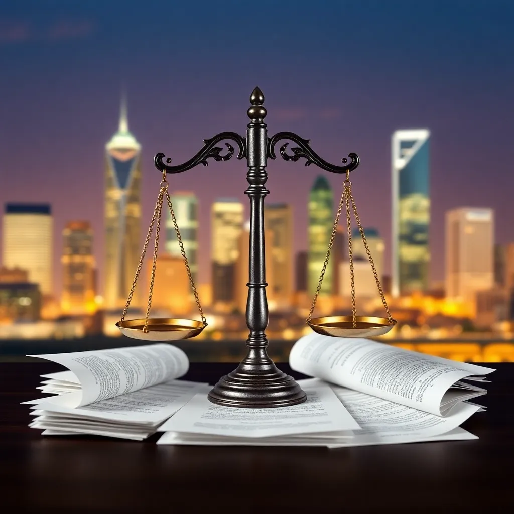Hero banner for ESJ law firm featuring a balanced scale of justice surrounded by legal documents and a modern city skyline in the background, symbolizing justice and professionalism