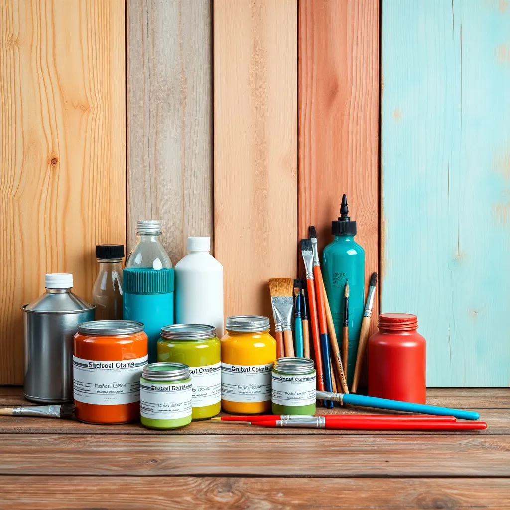 Arrangement of multiple paint cans, bottles, and paintbrushes on a wooden surface with varied wood panel backgrounds in different natural colors including orange, beige, and turquoise.