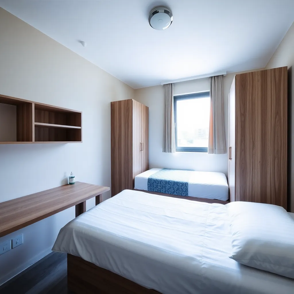 Single occupancy room with study table, bed, and wardrobe in modern PG accommodation