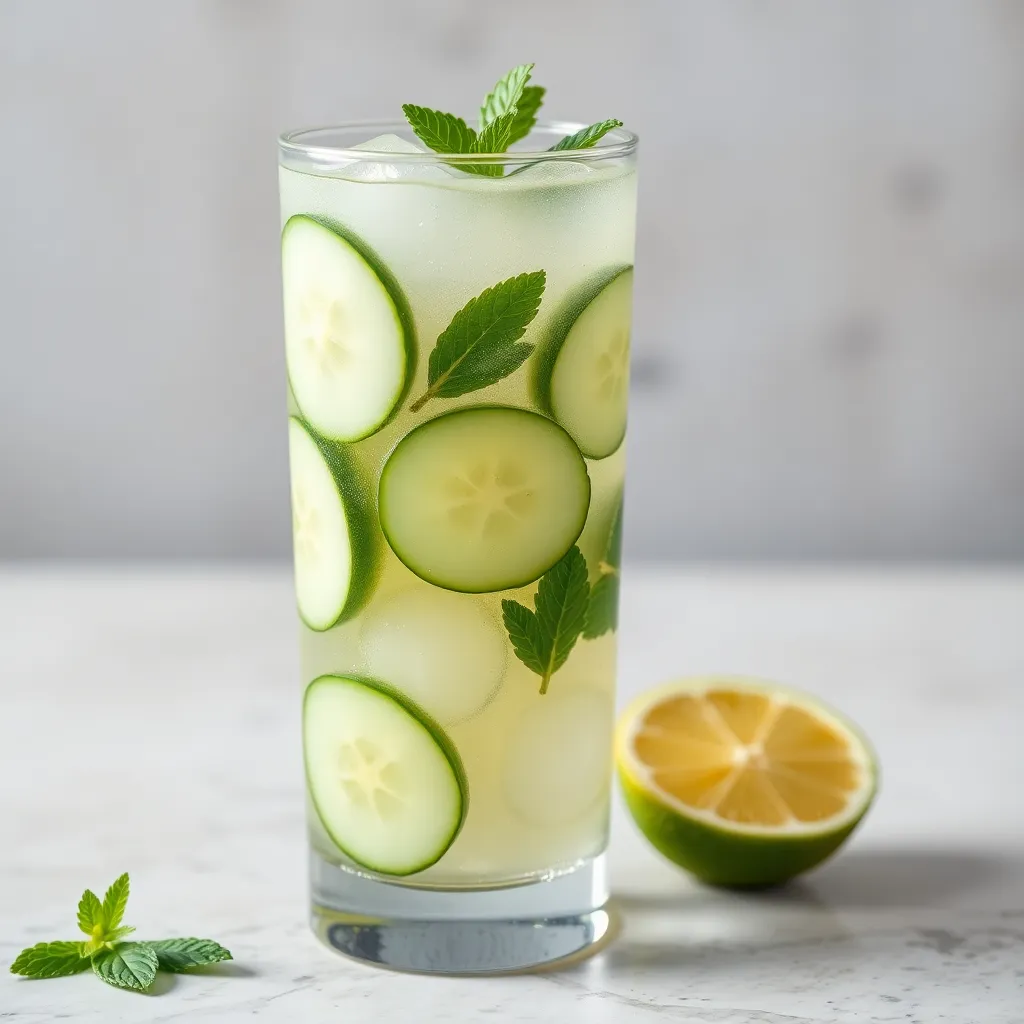 Cucumber Cooler mocktail with cucumber slices, mint and lime in tall glass