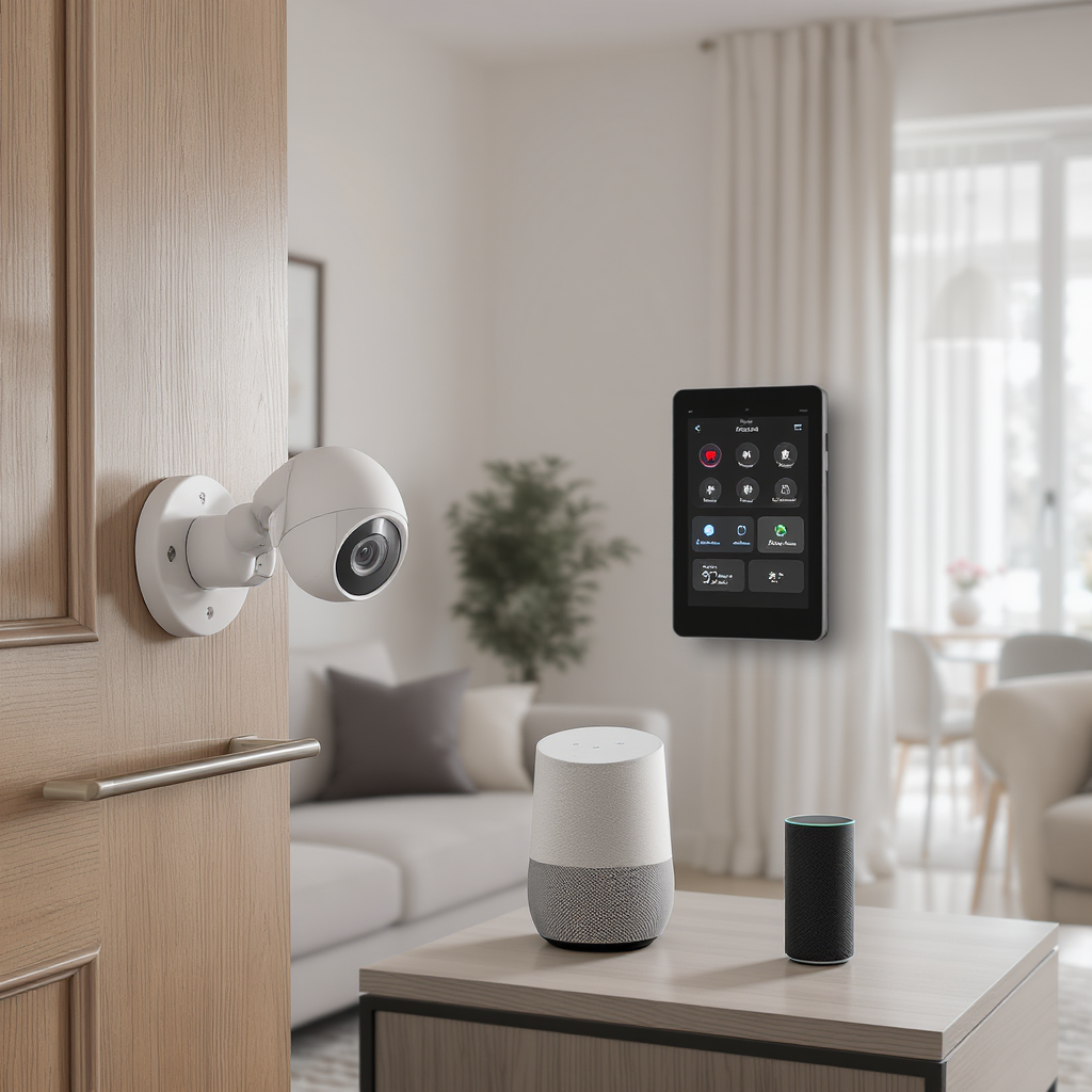 Smart home devices including security cameras and automation systems displayed in modern home setting