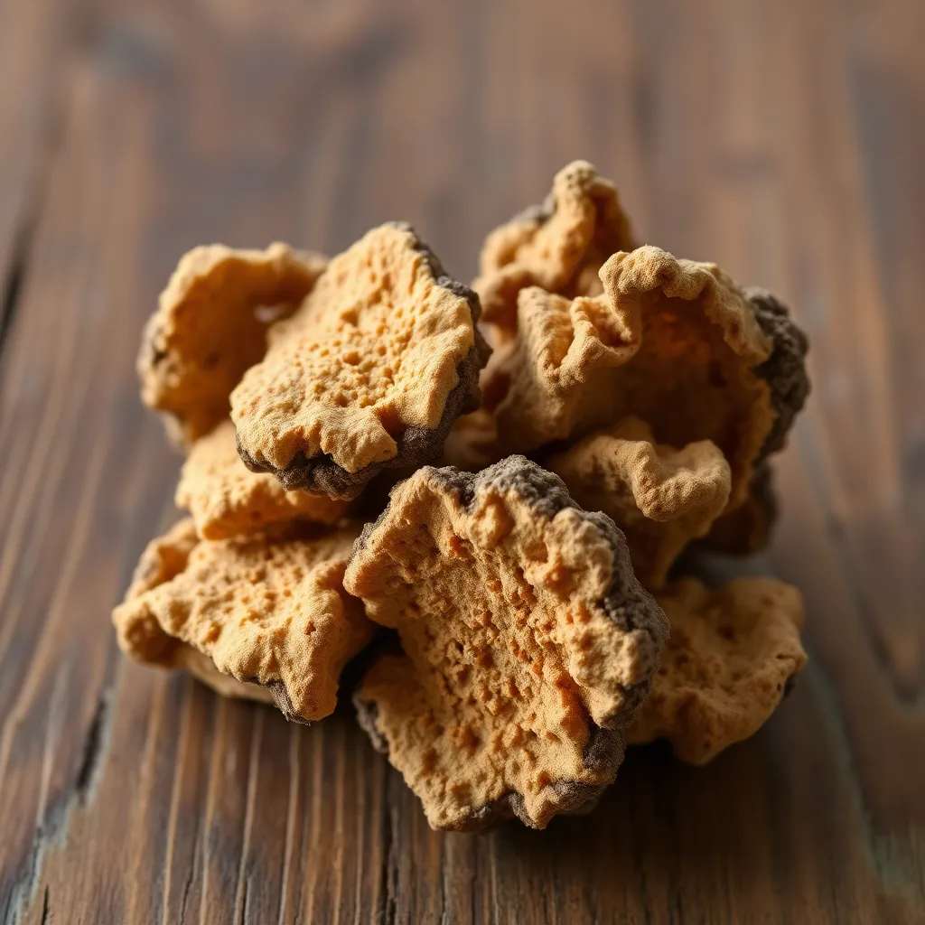 Dried chunks of chaga mushroom with textured surface on wooden background