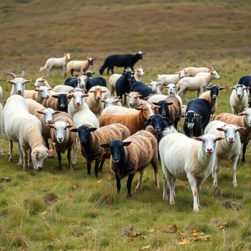 Mixed flock of sheep and goats grazing on diverse pasture