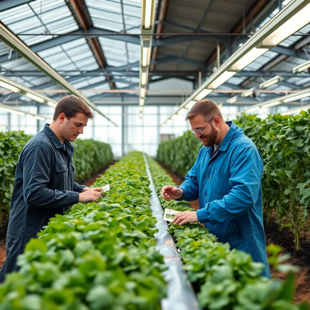 Modern agricultural research facility with scientists working on sustainable farming solutions