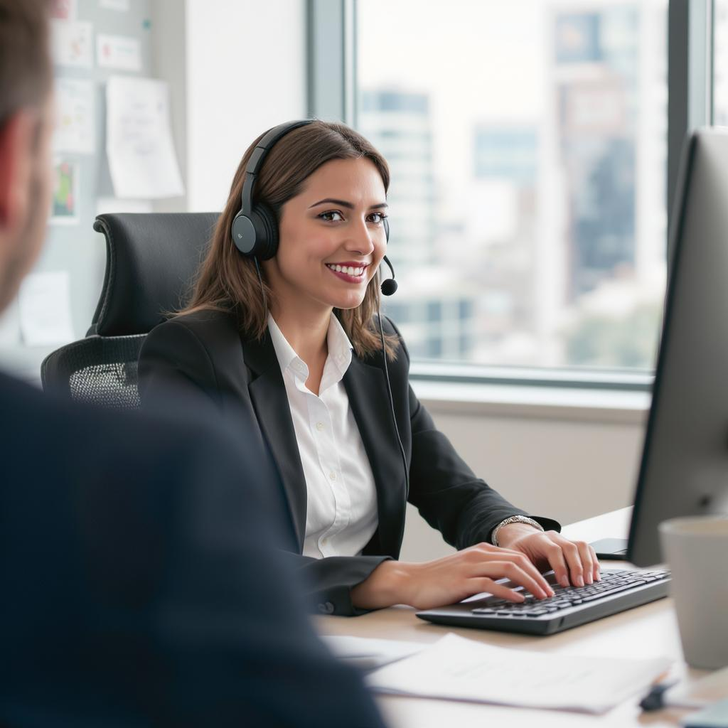Customer support representative helping a client over headset