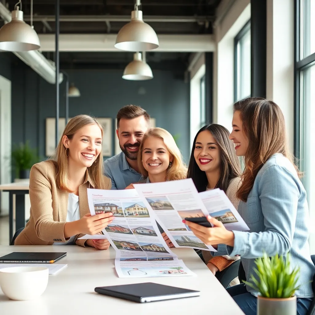 Happy real estate team in a modern office reviewing property listings together