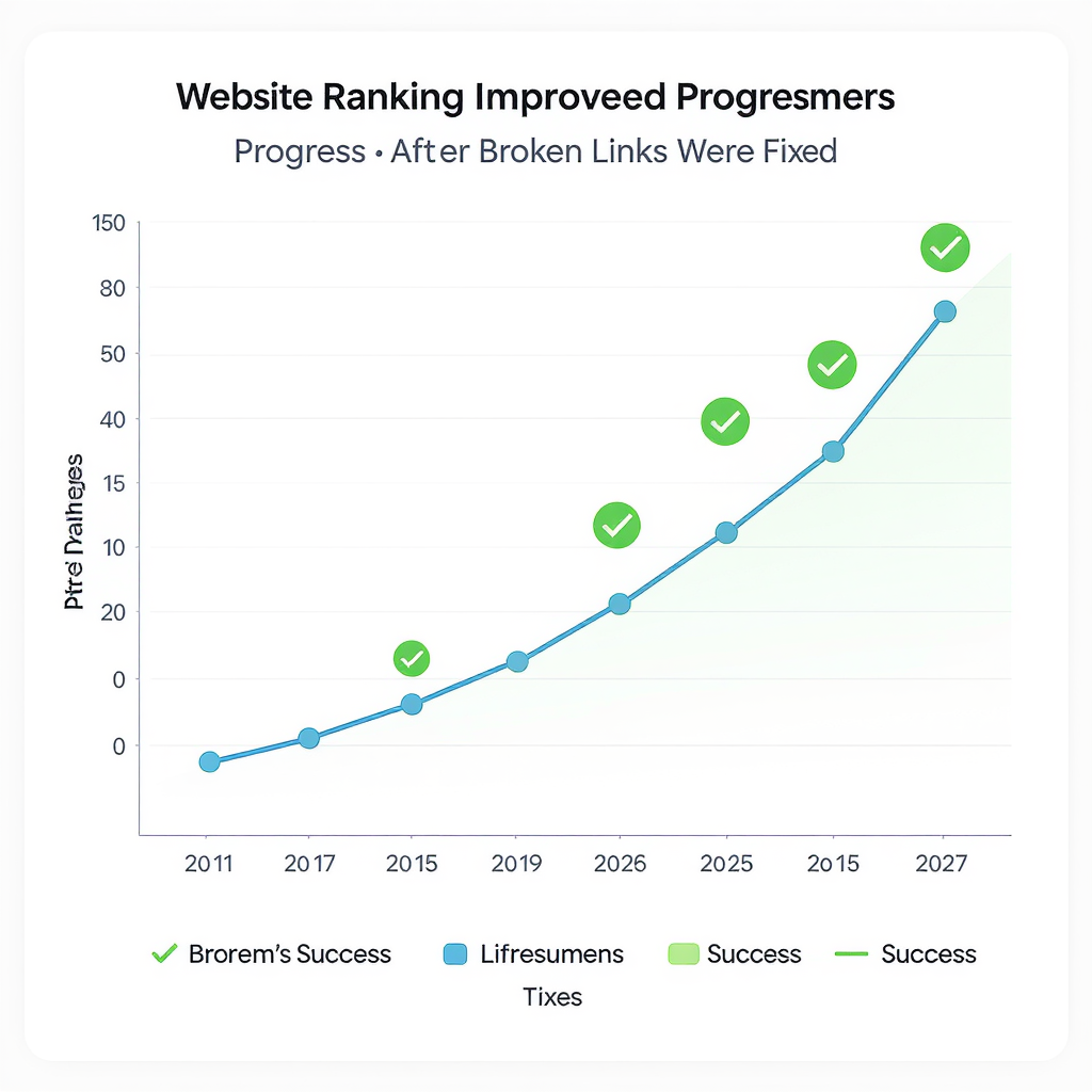 SEO improvement graph showing website ranking increase after fixing broken links, with upward trending metrics and green success indicators