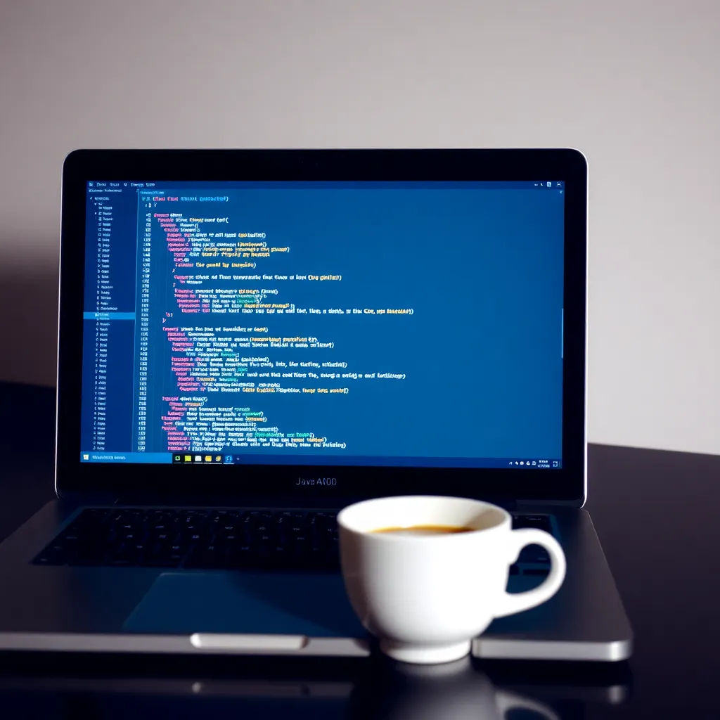 Laptop screen showing JavaScript code with coffee cup beside it