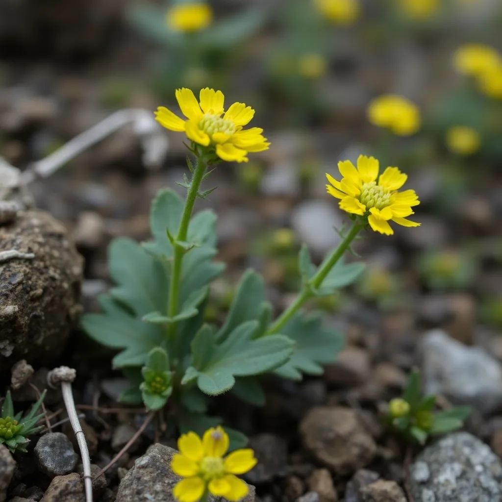 Close-up of Rhodiola rosea plant with yellow flowers growing in mountainous Arctic terrain