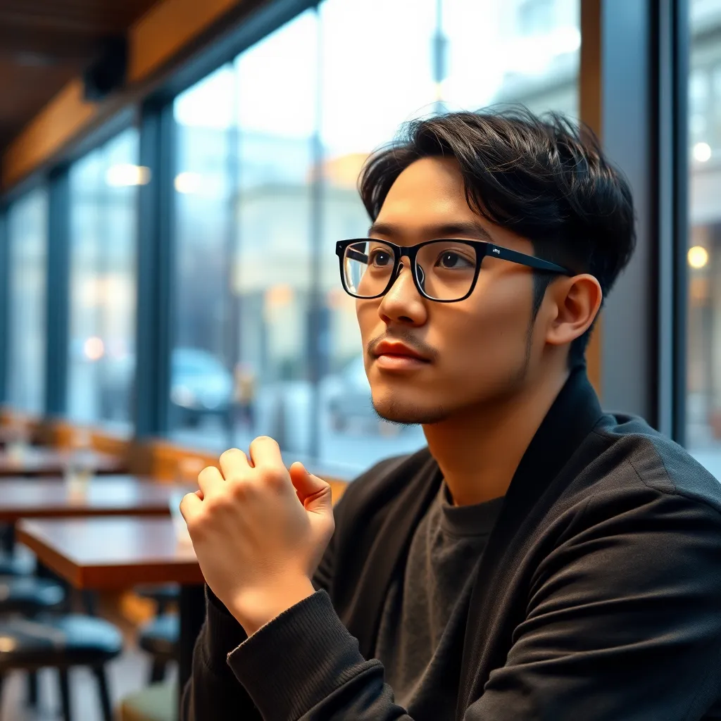 Portrait of Kazuki Conohawing, a thoughtful blogger with glasses in a modern cafe setting