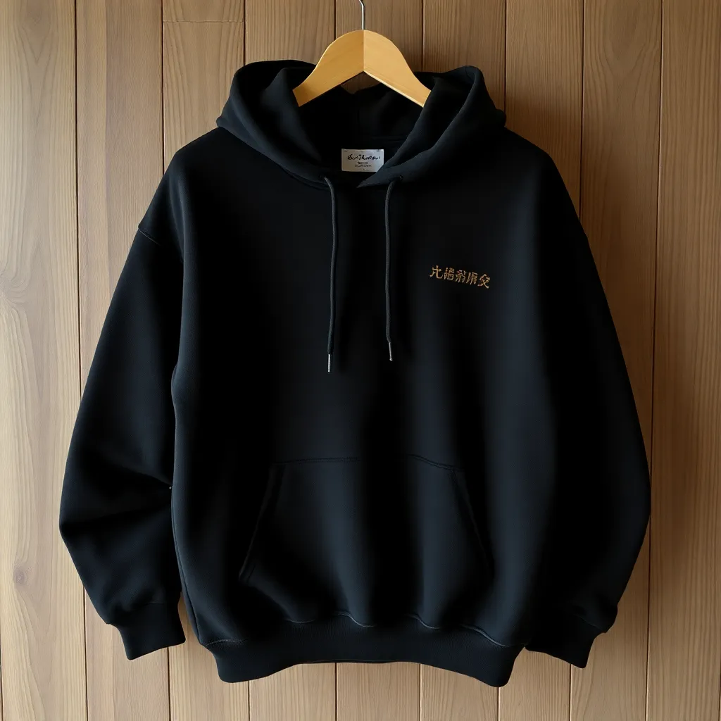 Black oversized hoodie with embroidered logo on wooden hanger