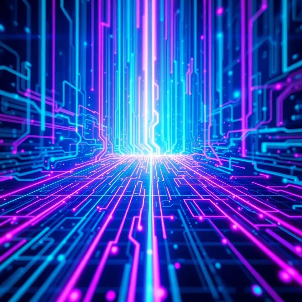 Futuristic glowing blue and purple digital circuit board background with neon grid lines and abstract technology elements