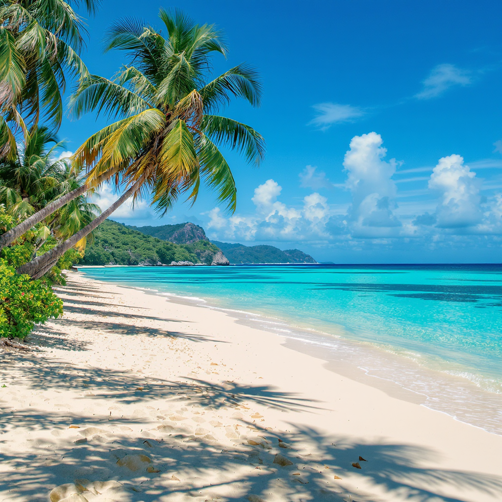 White sandy beach with palm trees and turquoise water in the Philippines
