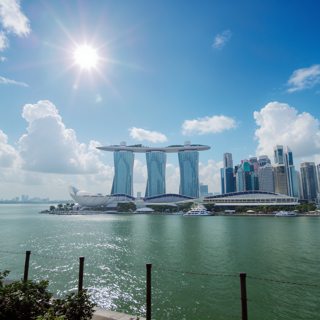 Skyline of Marina Bay Sands and Singapore cityscape under a bright sky