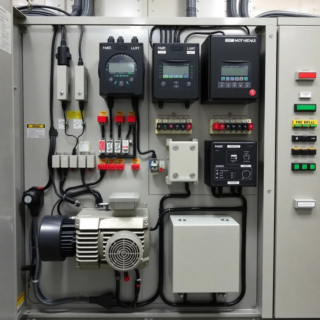 Industrial motor control panel with soft starters, variable frequency drives, and control switches