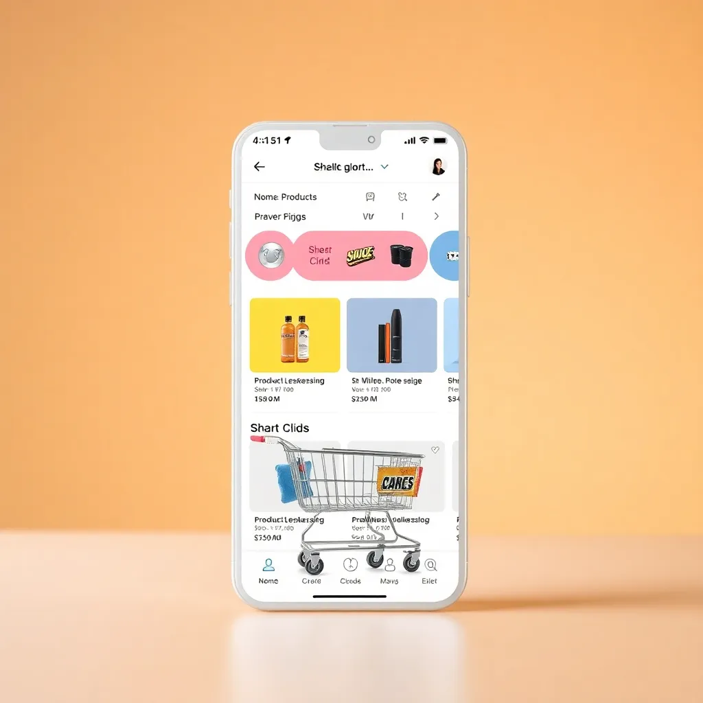 E-commerce mobile app interface with product listings and shopping cart