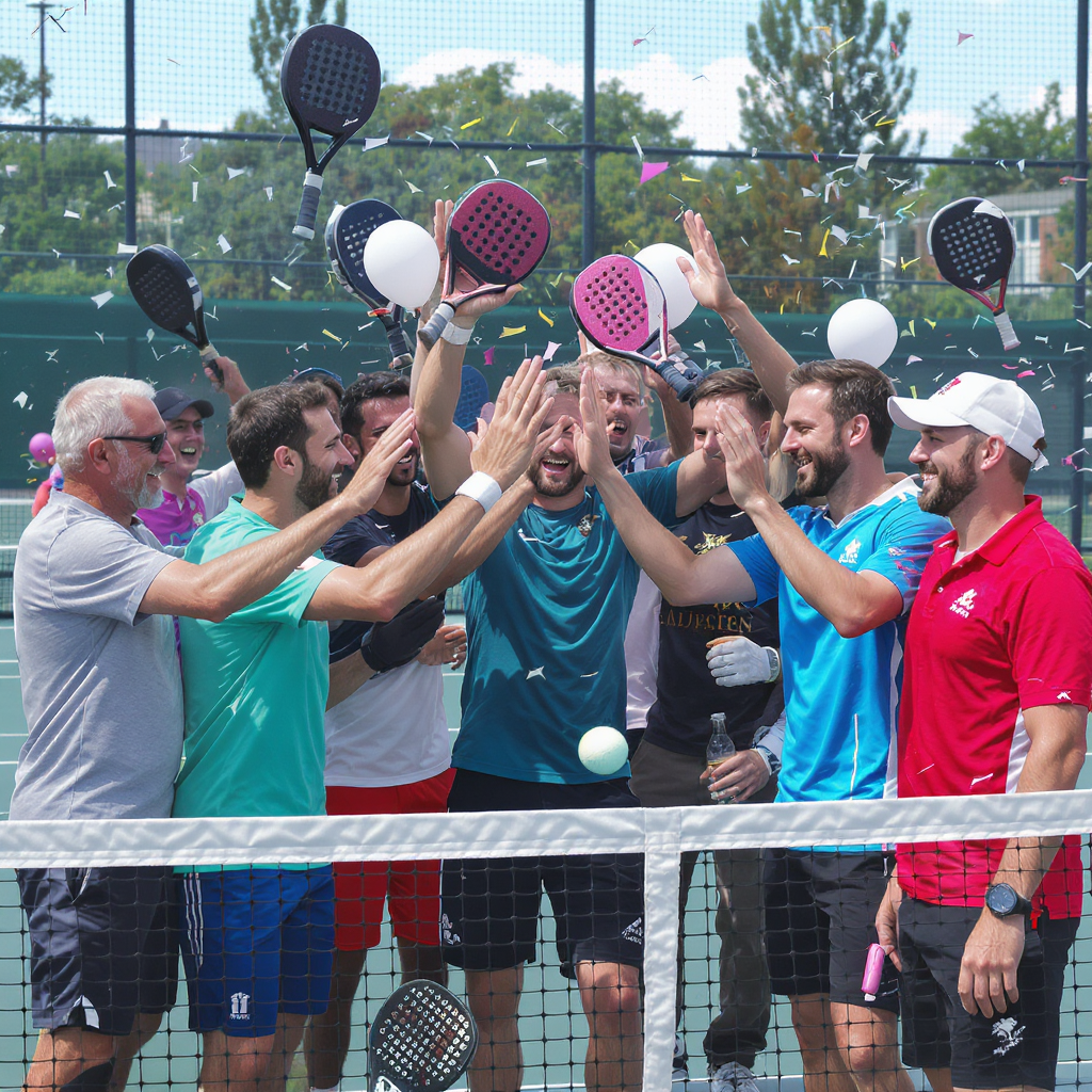 Diverse group of padel players celebrating together after a tournament match, showing community spirit and friendship