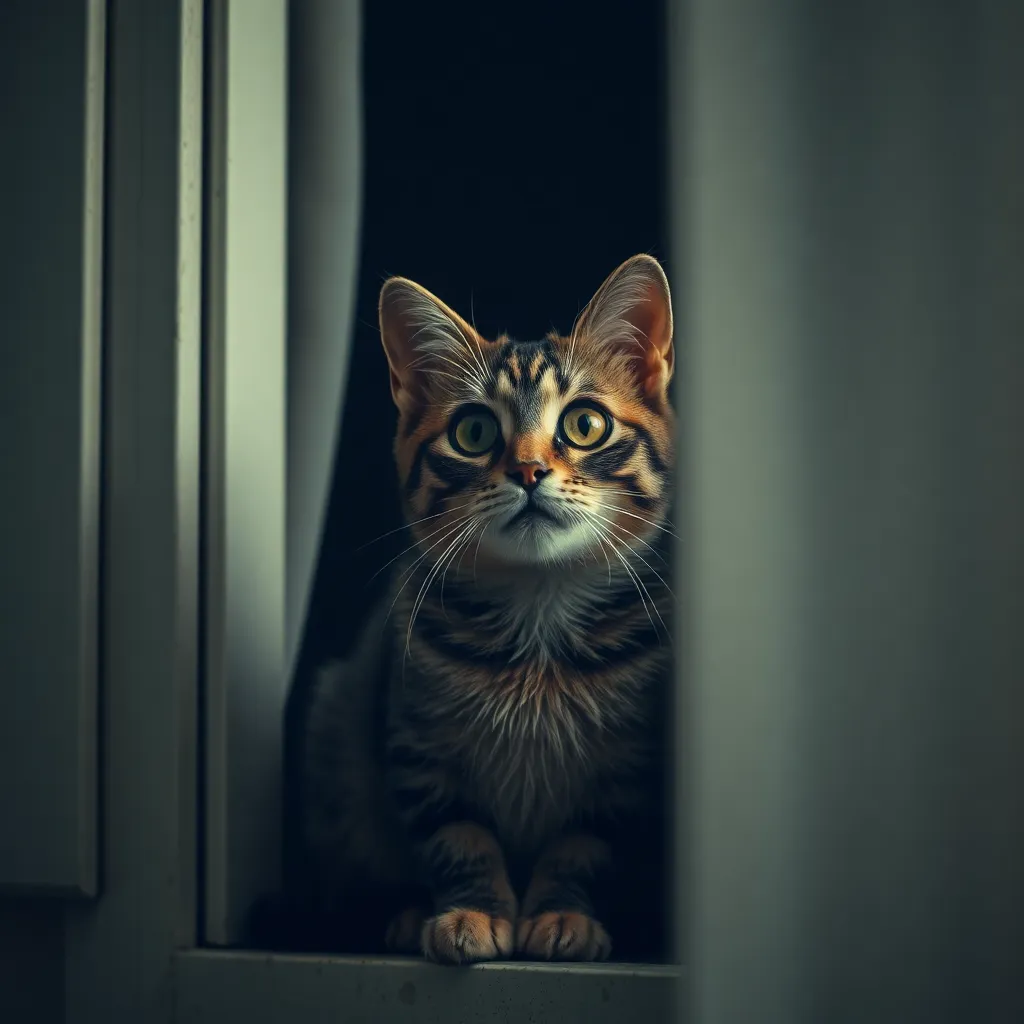Imagen destacada de un gato curioso en una ventana, colores suaves, composición meditativa, estilo grabación doméstica