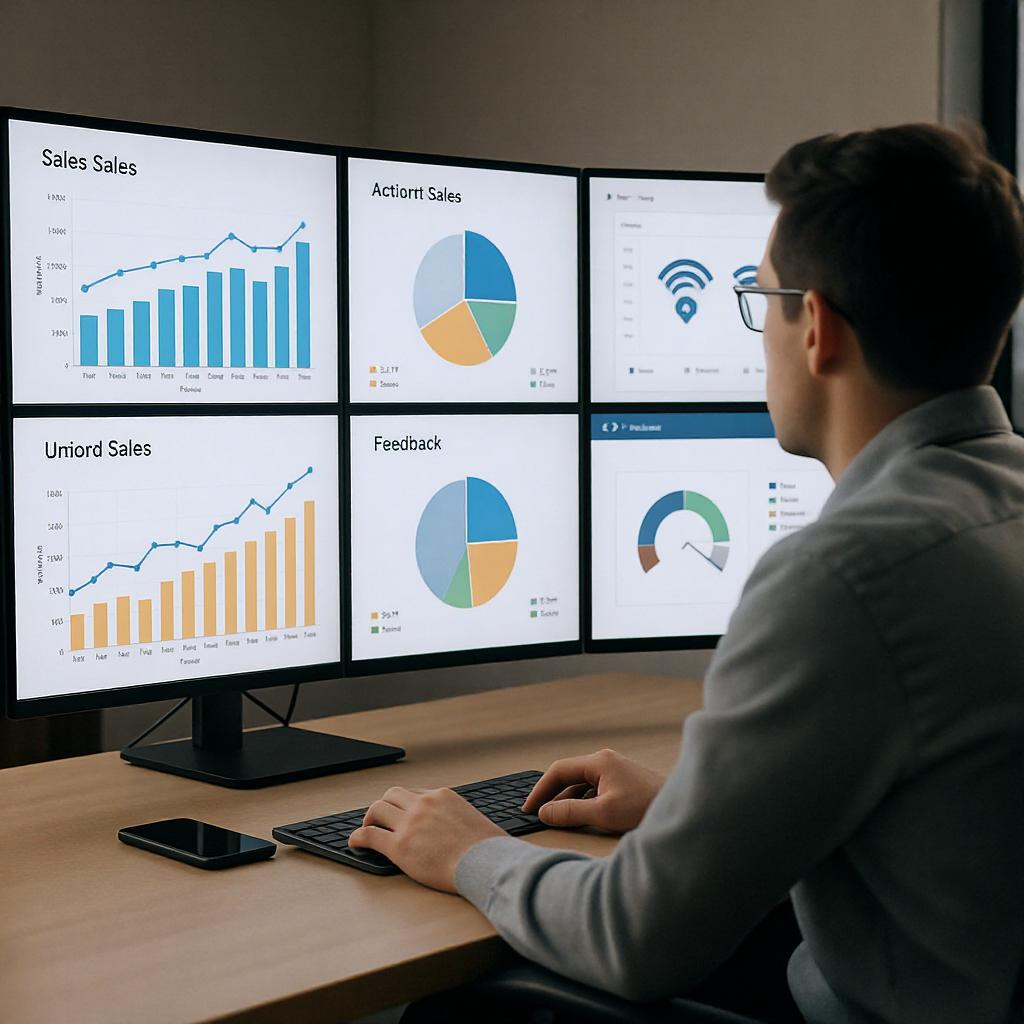 Person reviewing sales charts and feedback on multiple screens