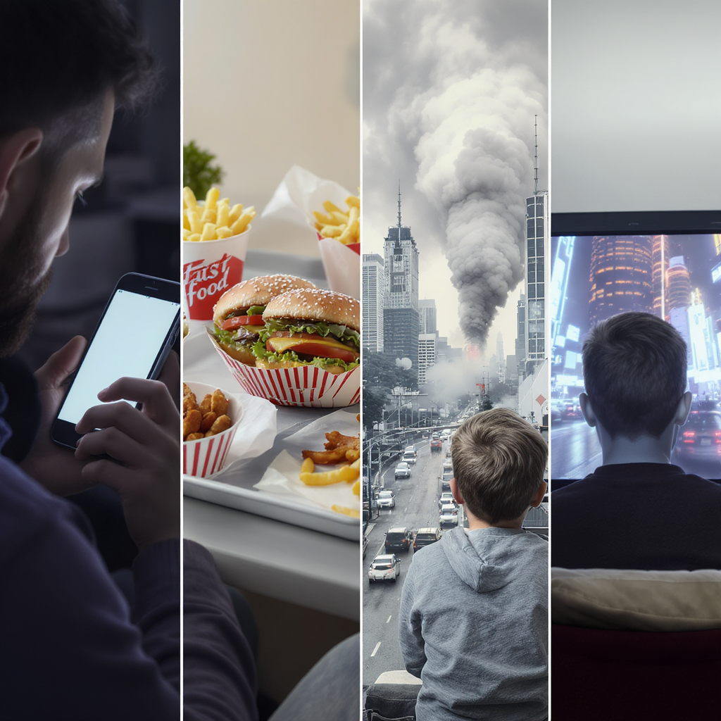 Montagem visual mostrando fatores modernos que podem afetar a inteligência: smartphones, fast food, poluição urbana, e crianças assistindo televisão