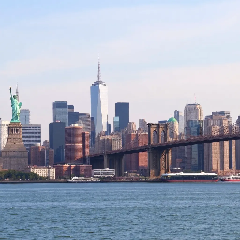 New York City skyline with Statue of Liberty and Brooklyn Bridge