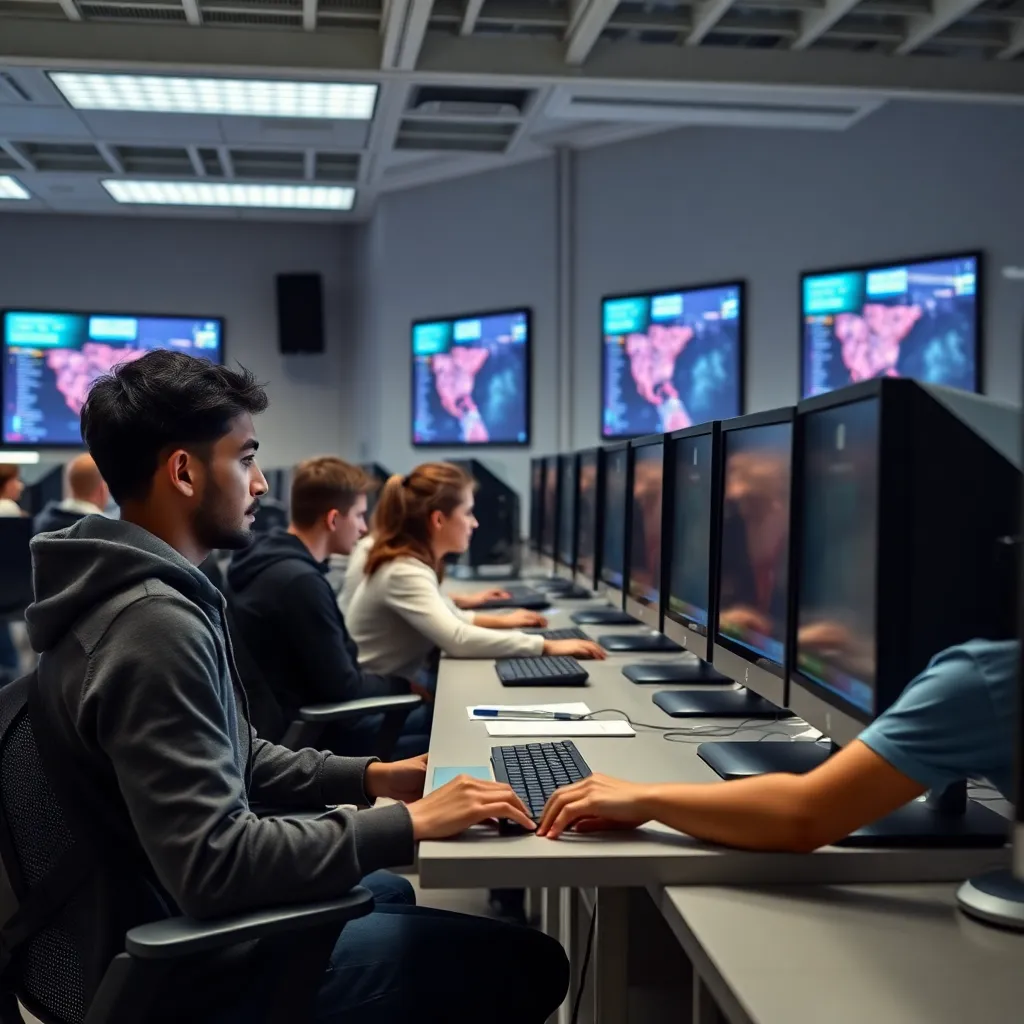 Computer lab with modern desktop computers and students learning coding