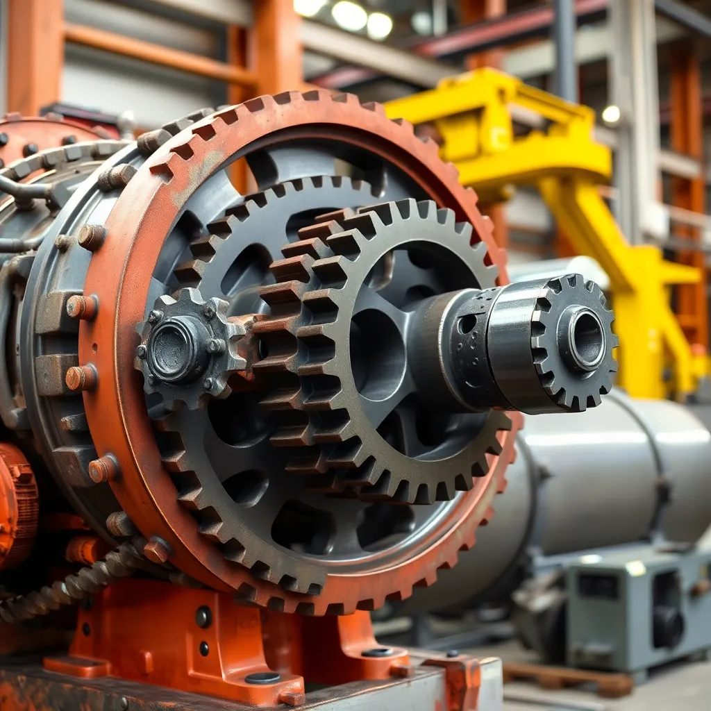Large gearbox assembly with heavy steel gears on industrial background