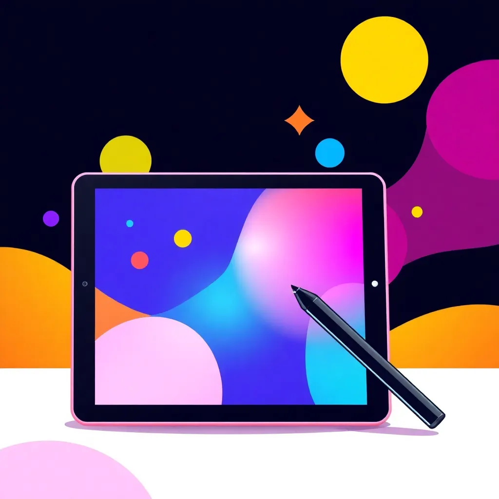 Colorful illustration of tablet with digital pen and bright shapes