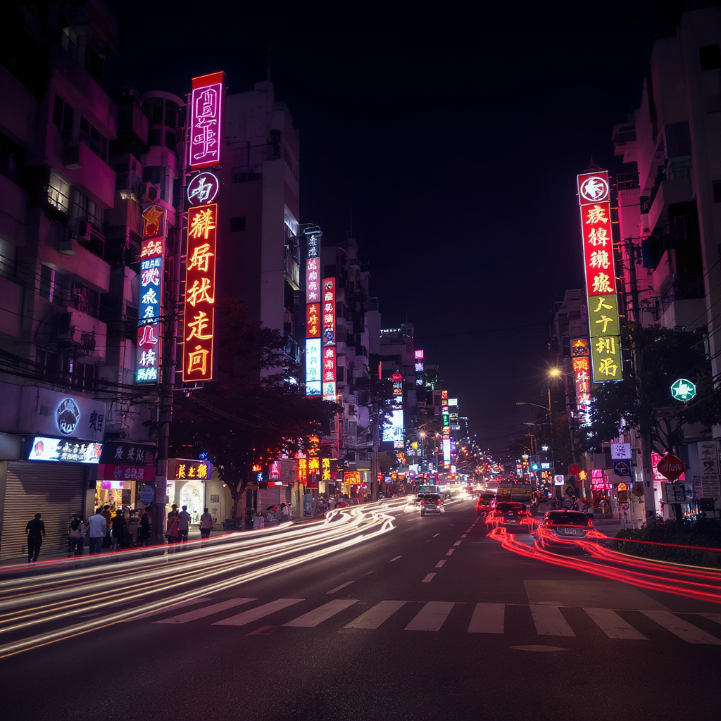 Dynamic Jakarta street scene at night with colorful neon signs, light trails from vehicles and bustling urban activity