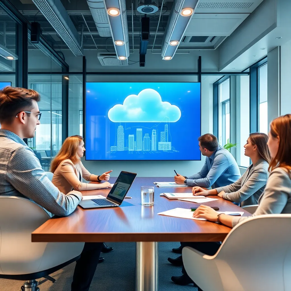 Business meeting with professionals discussing cloud migration strategies in modern office