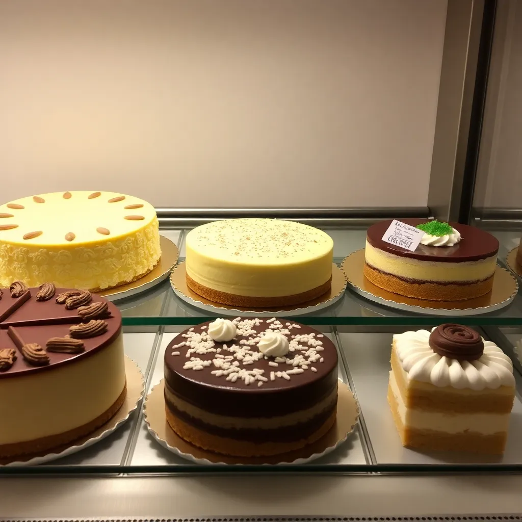 Selección de pasteles artesanales en vitrina: cheesecake, torta de chocolate y pastel de zanahoria